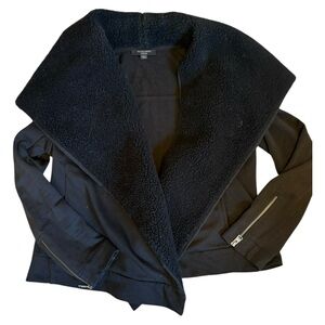 AllSaints Bora Biker Sweater Jacket with Shearling Collar – Black | Size M